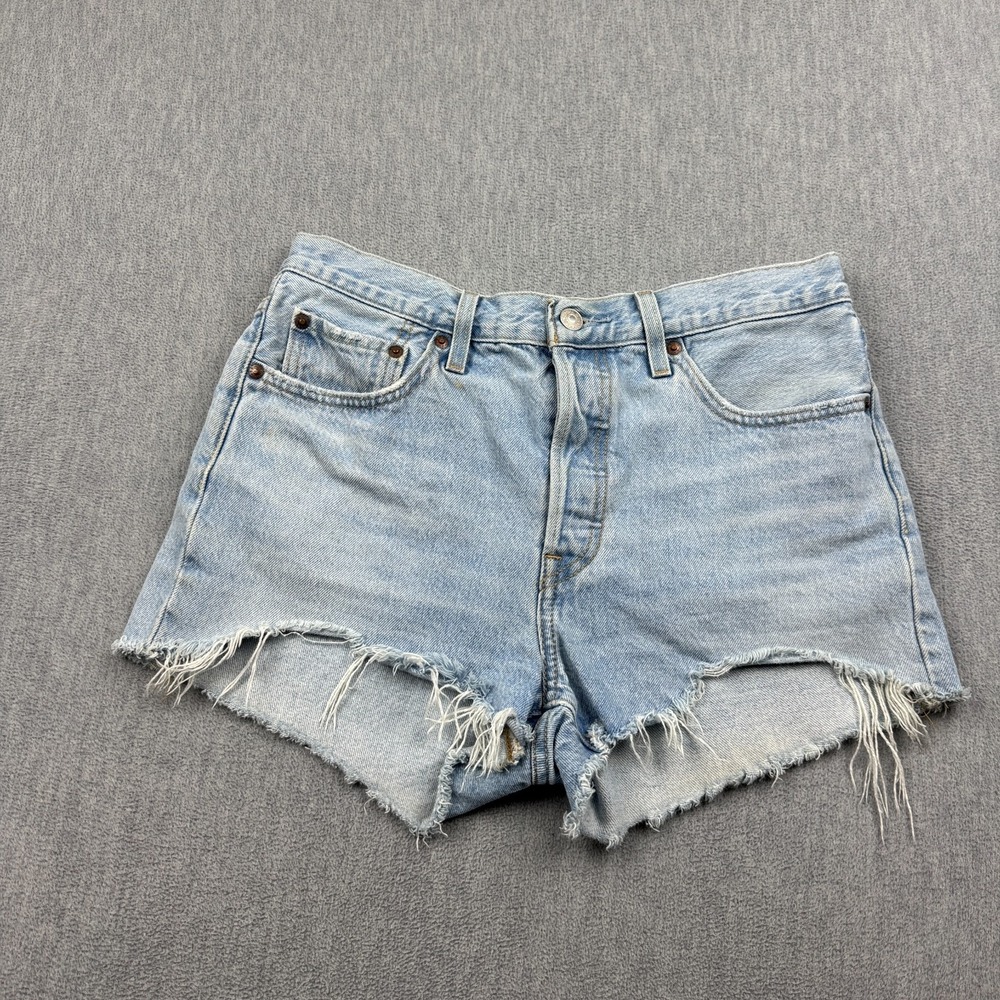 Levi's 501 Shorts Womens 28 Blue 501 Distressed Light Wash Denim Raw Hem Classic